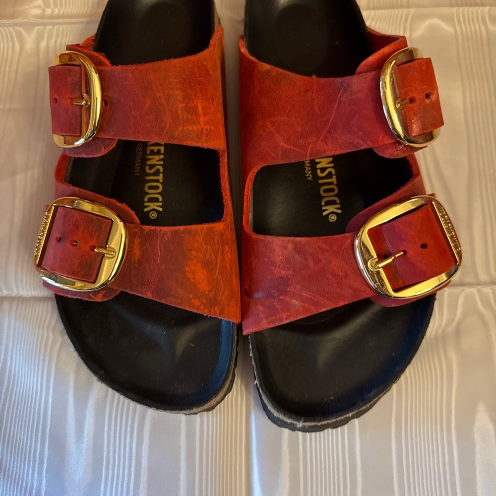 Birkenstock Arizona Double Buckle Sandals in Oiled Leather Red